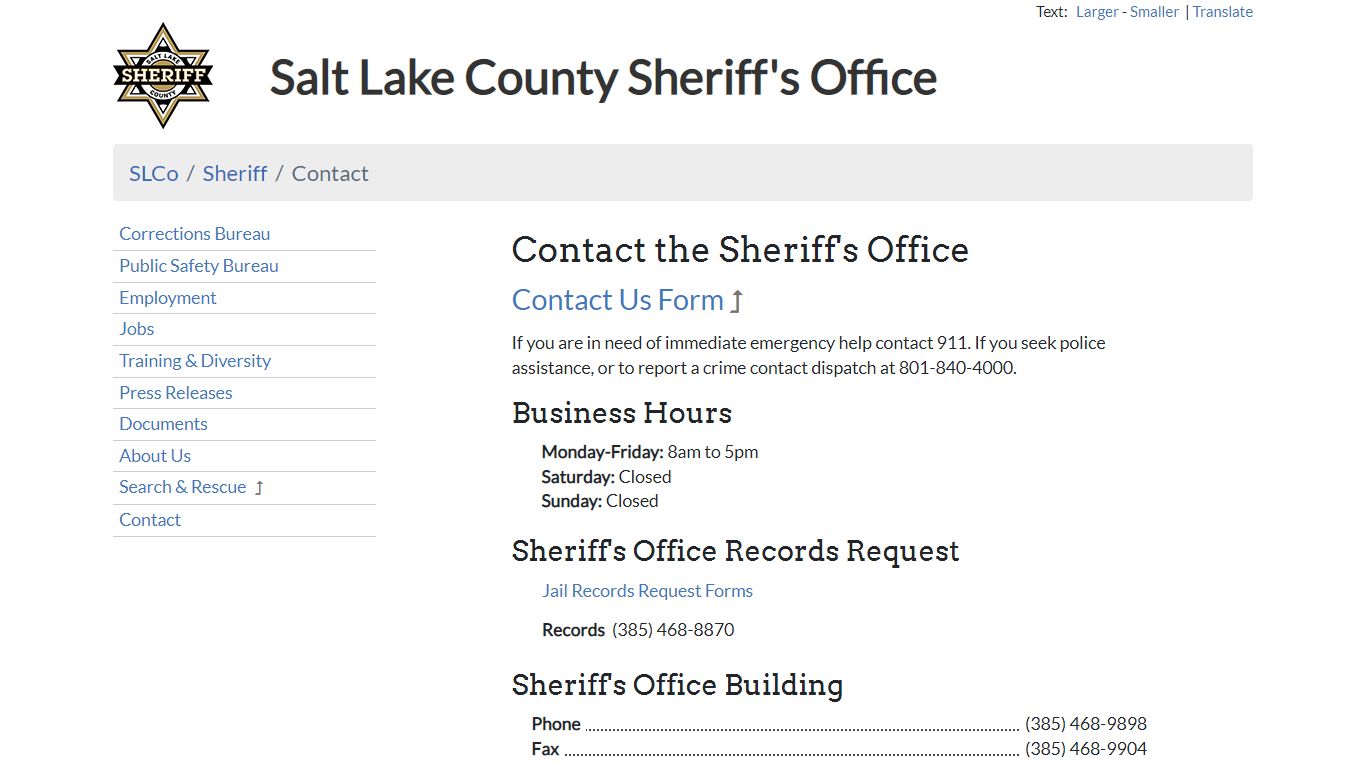 Contact the Sheriff's Office - Sheriff | SLCo - Salt Lake County, Utah